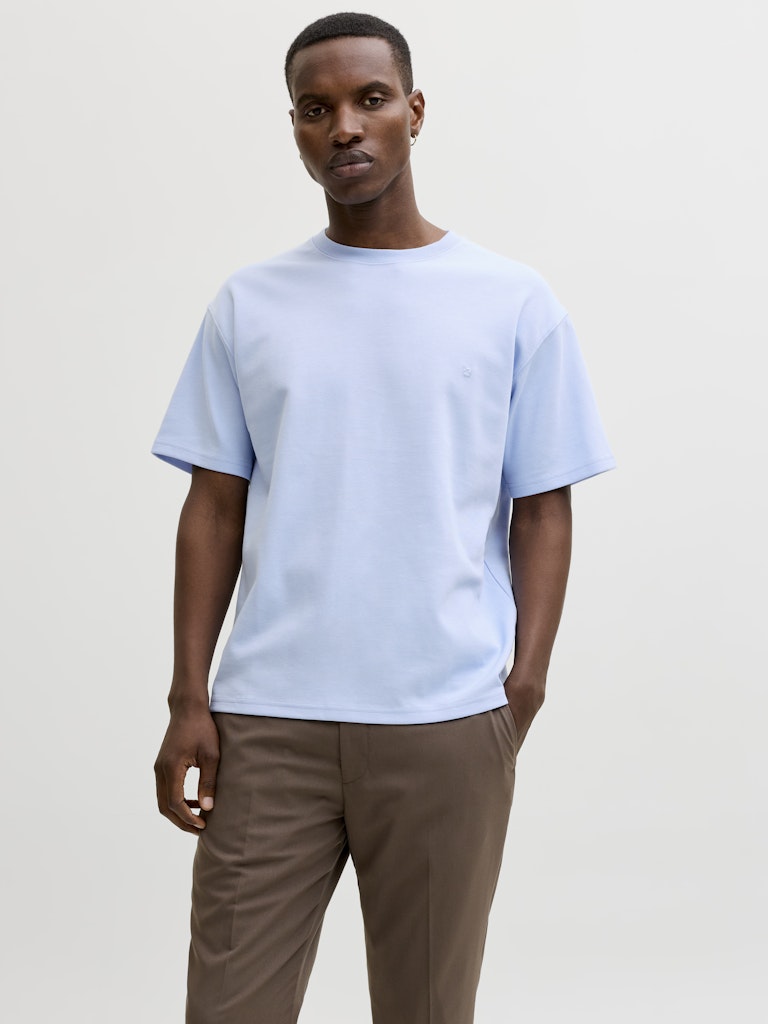 Men's Ethan Short Sleeve Logo Tee-Chambray Blue-Model Front View