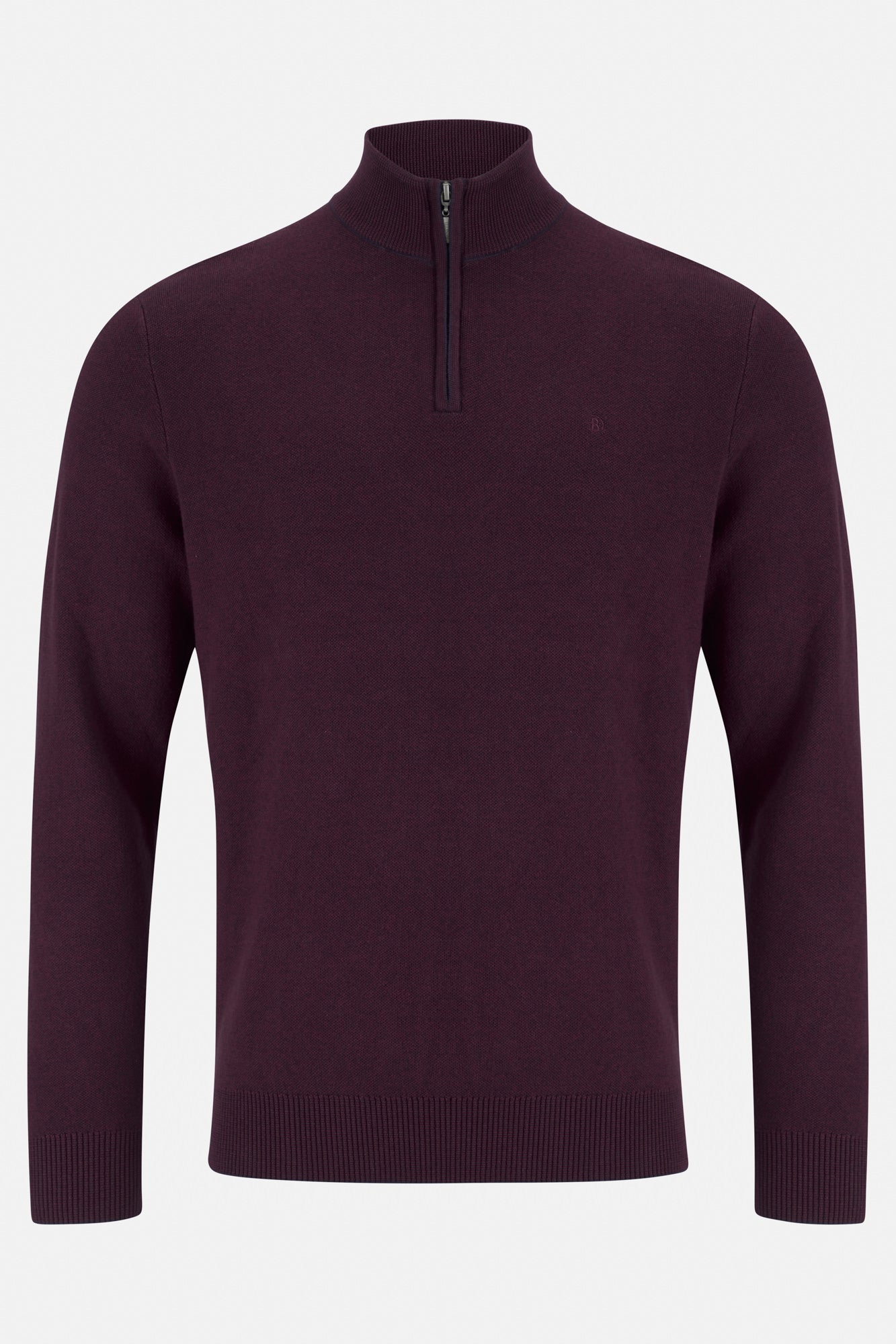 Benetti Julius 1/4 Zip Bordo Knit in bordo, front view with long sleeves and ribbed collar, cuffs, and hem