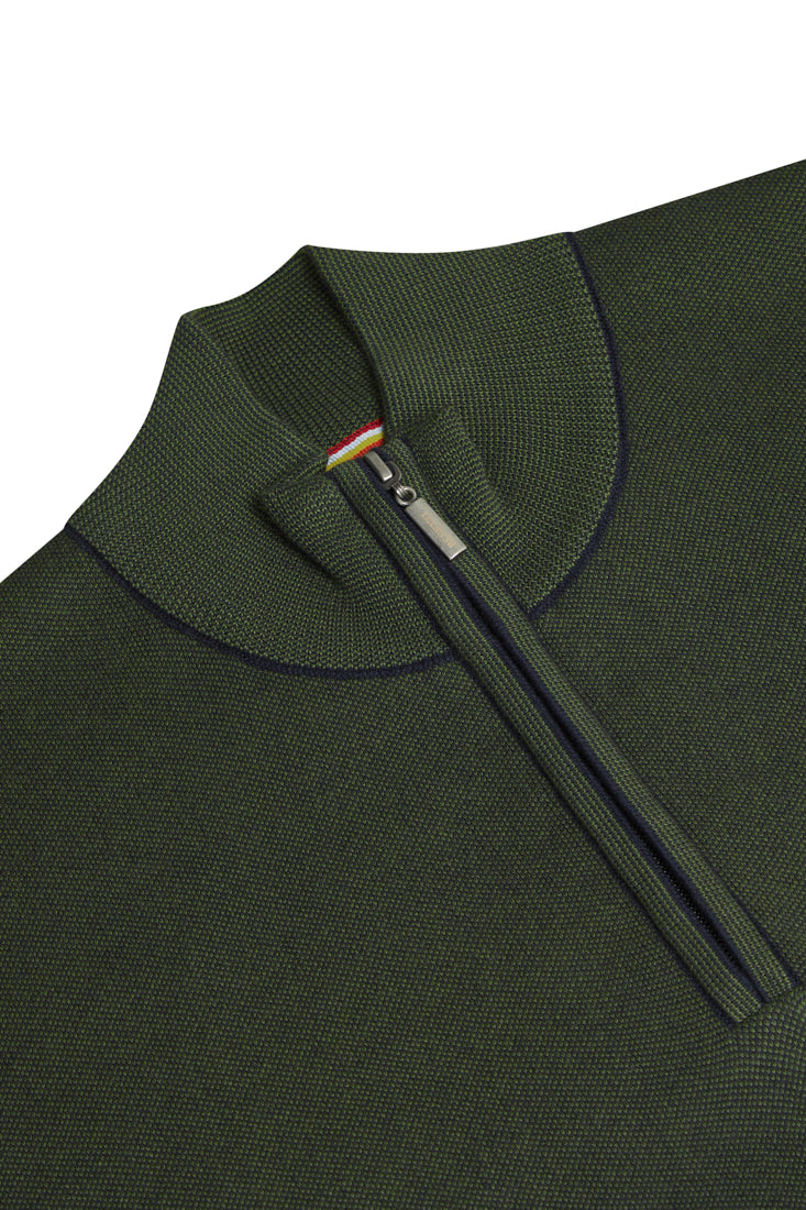 Benetti Julius 1/4 Zip knit in FOREST, shown in close-up with the quarter-zip collar and textured knit fabric.