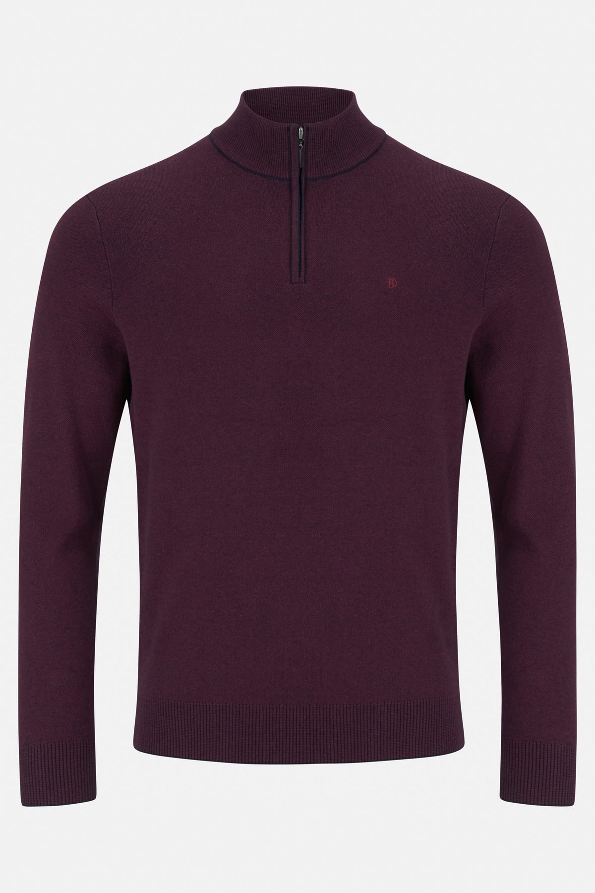 Benetti Julius 1/4 Zip Plum Knit with stand collar, quarter-zip front, and long sleeves.