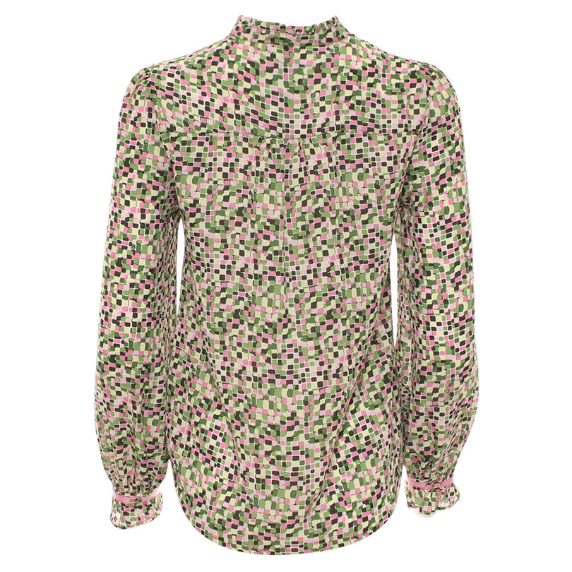 Long-sleeve shirt with a geometric pattern on a white background
