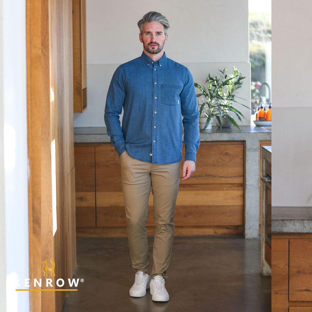 Men's Keenan Denim Mid Blue Shirt-Model Full Front View