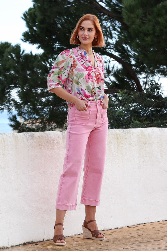 RANT & RAVE LADIES Laine Crop Wide Leg Pink Ice Jeans Pink Ice model front view