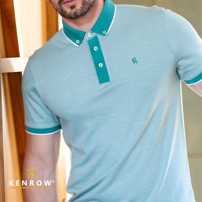 Men's Leigh Teal Polo Shirt-Collar & Button View