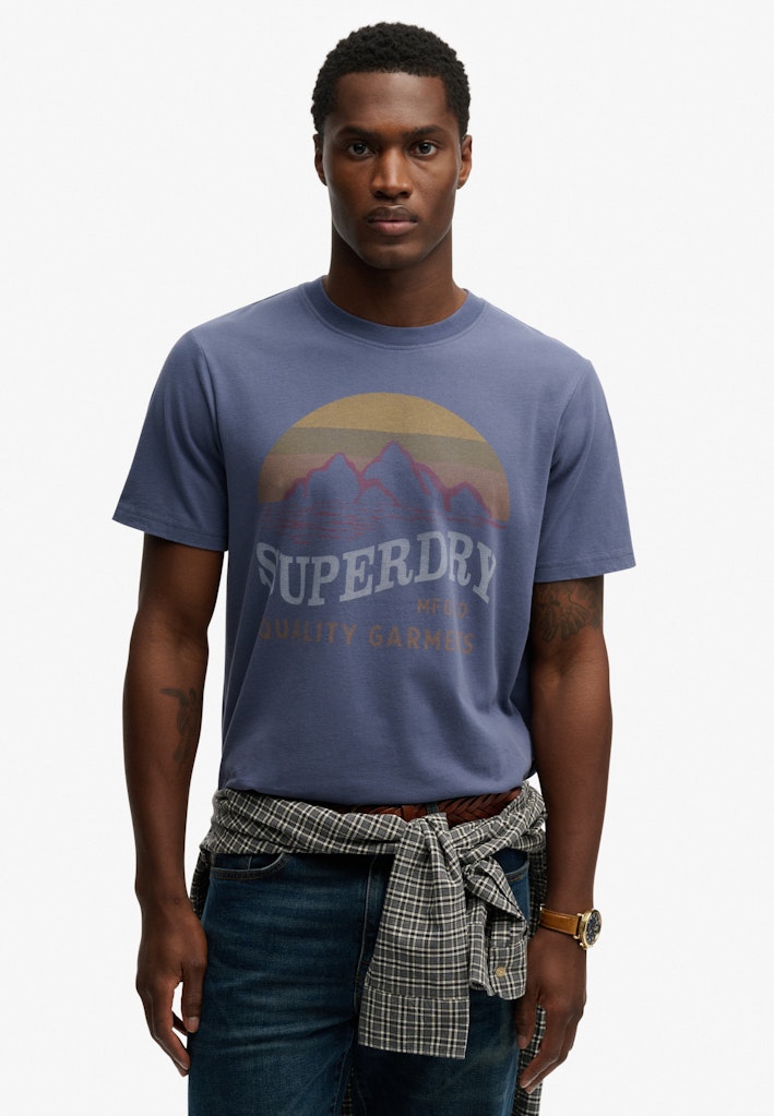 SUPERDRY Outdoors Mountain Rlxd Tee soft navy t-shirt front view with graphic print