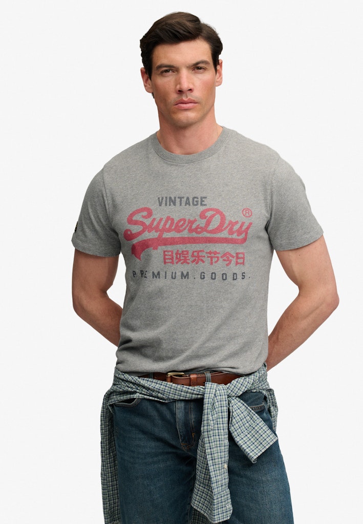 Superdry Vintage Logo Heritage Relaxed Tee in Dark Vintage Grey Marl front model view