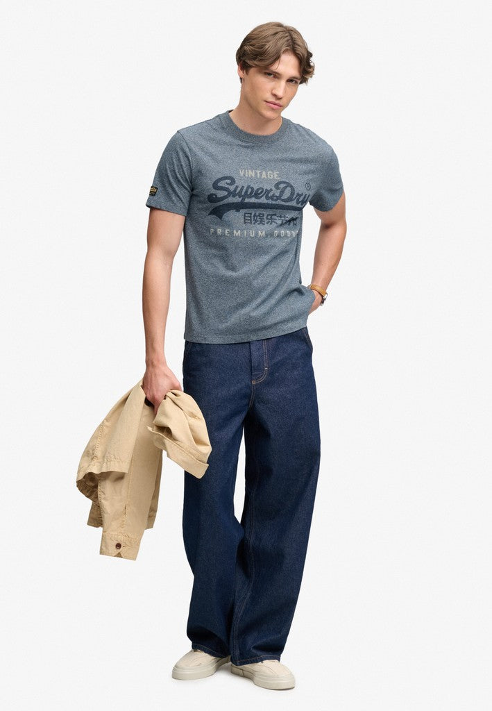 Superdry Vintage Logo Heritage Relaxed Tee in Denim Blue Marl full length model view