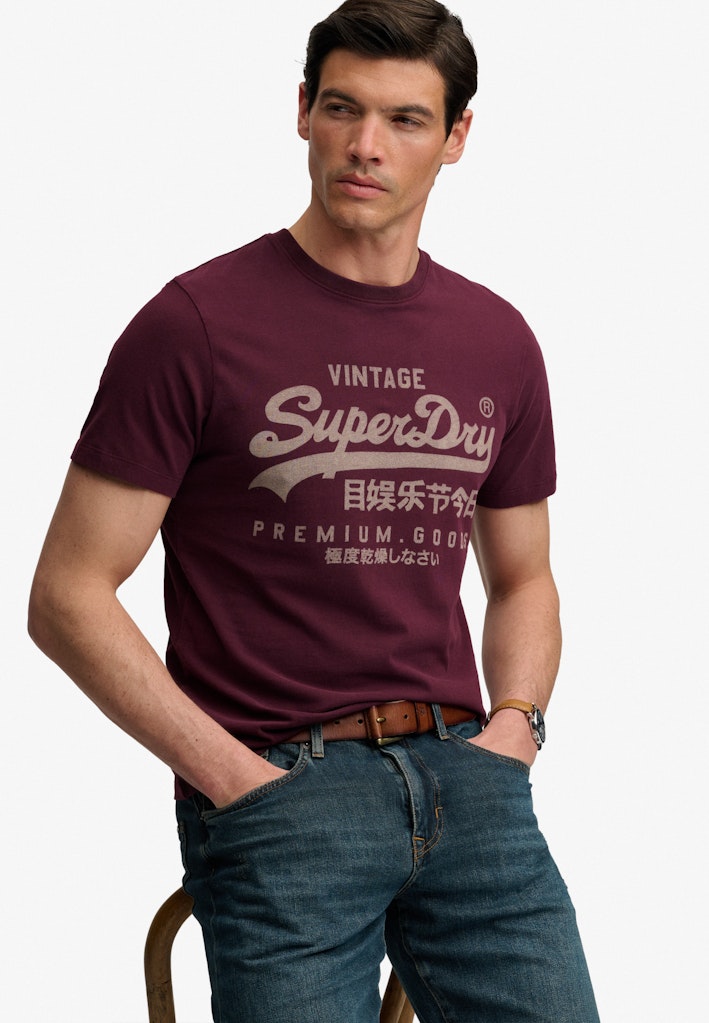 Superdry Vintage Logo Classic Tee in Port Red angled model view