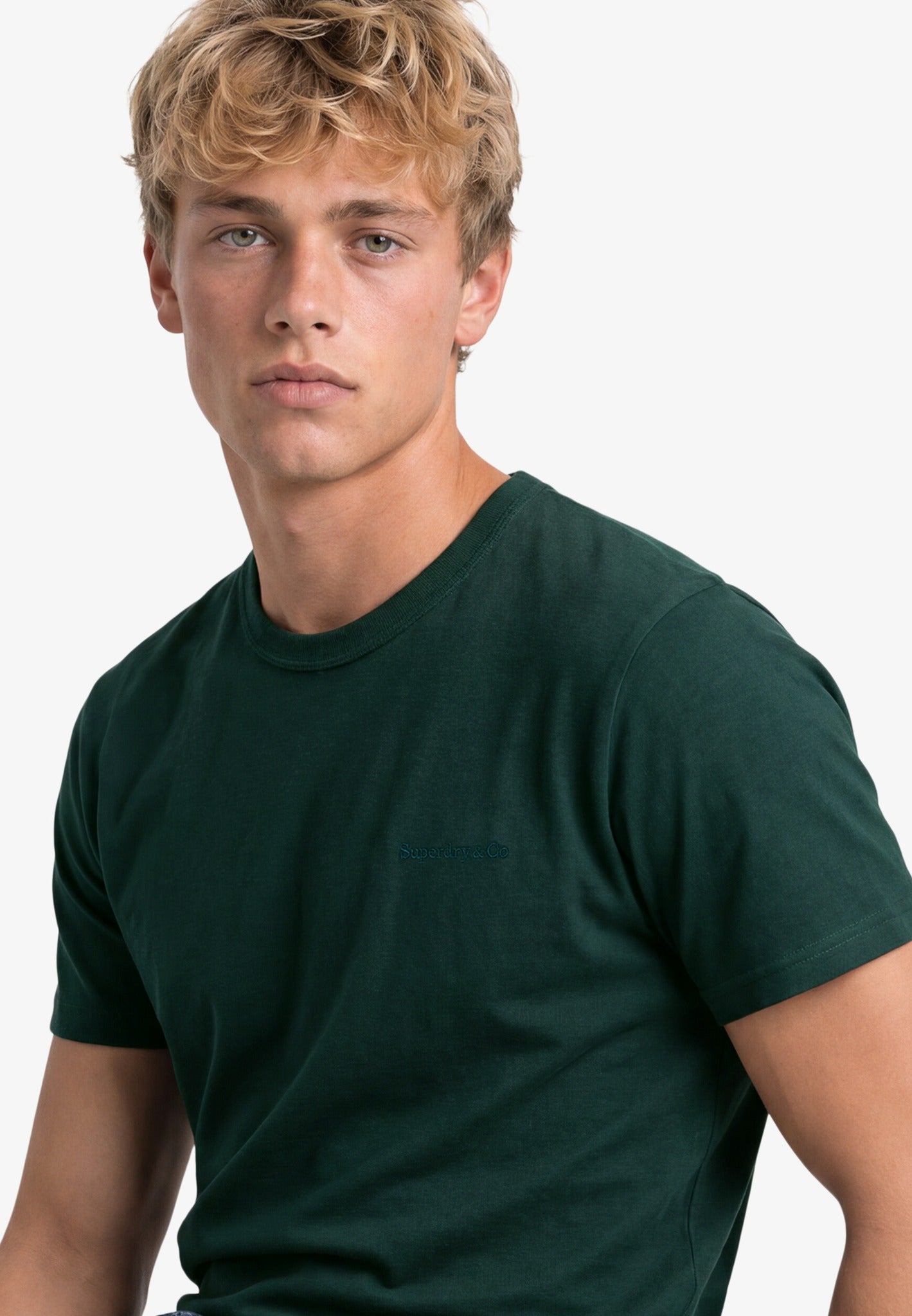 Superdry Essential Company Logo Tee in Forest Green/Deep Green angled model view