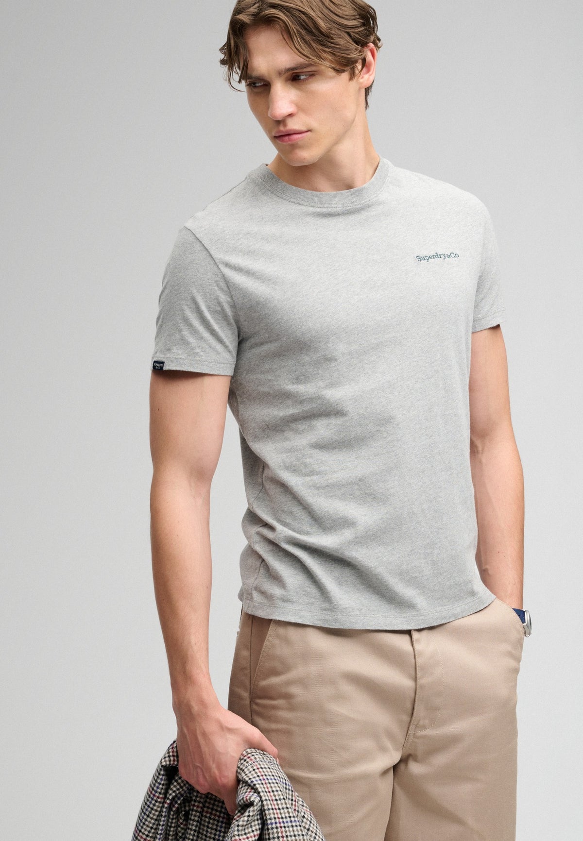 Superdry Essential Company Logo Tee in Sleet Grey Marl/Green upper body view
