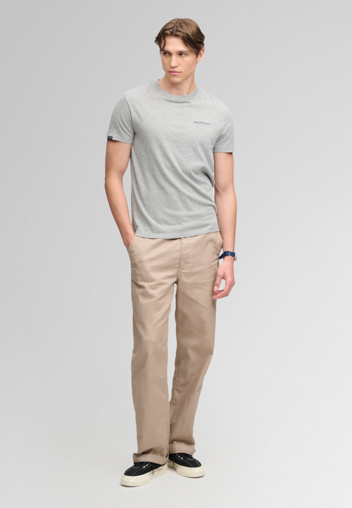 Superdry Essential Company Logo Tee in Sleet Grey Marl/Green full length view
