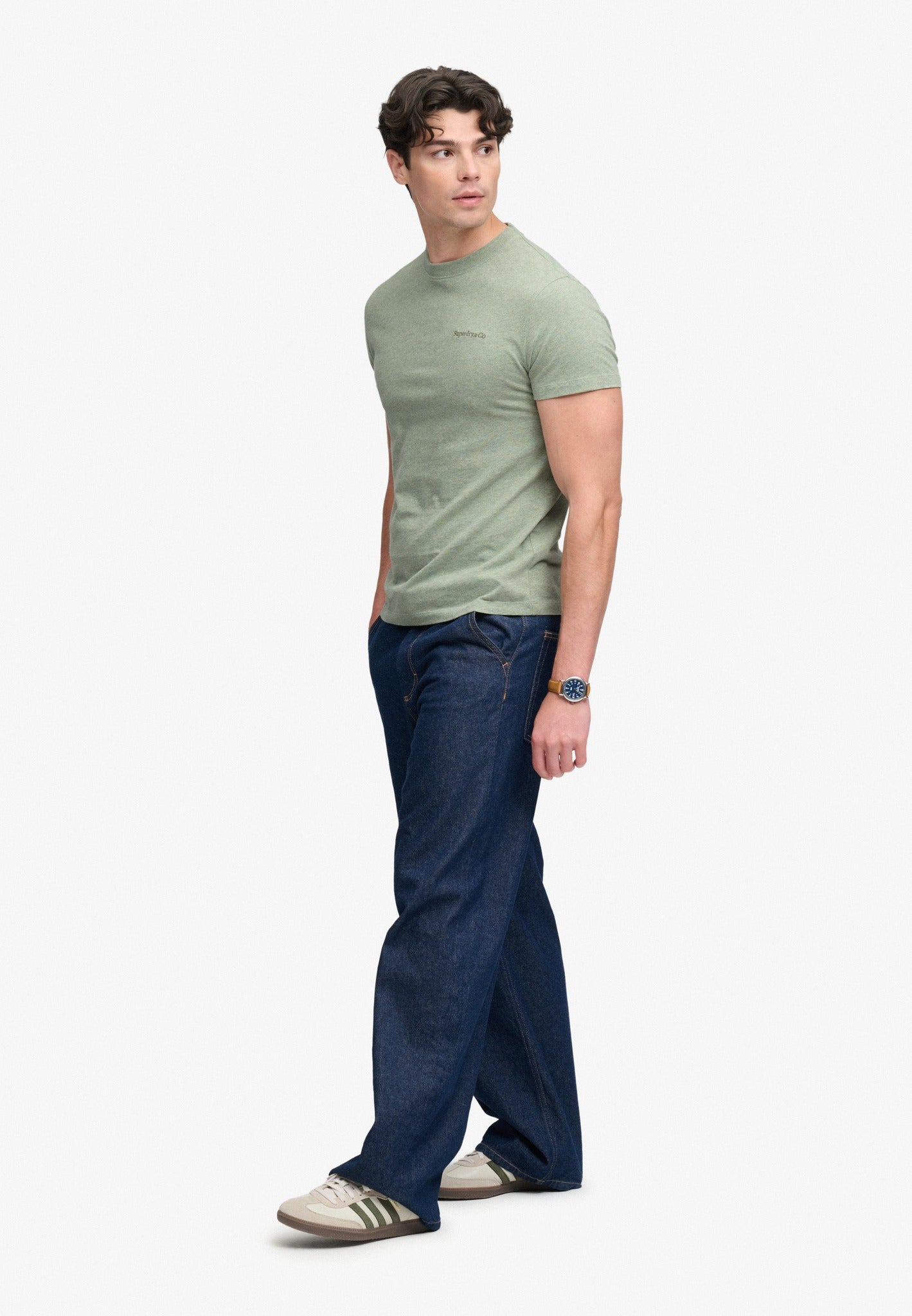 Superdry Essential Company Logo Tee in Vintage Sage Green Marl/Green full length model view