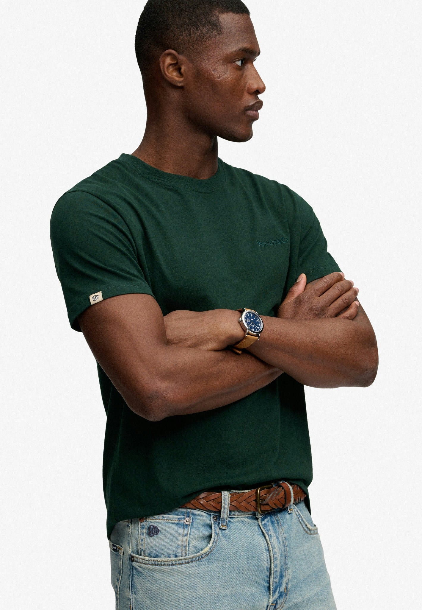 Superdry Essential Company Logo Tee in Forest Green/Deep Green angled model view angled model view