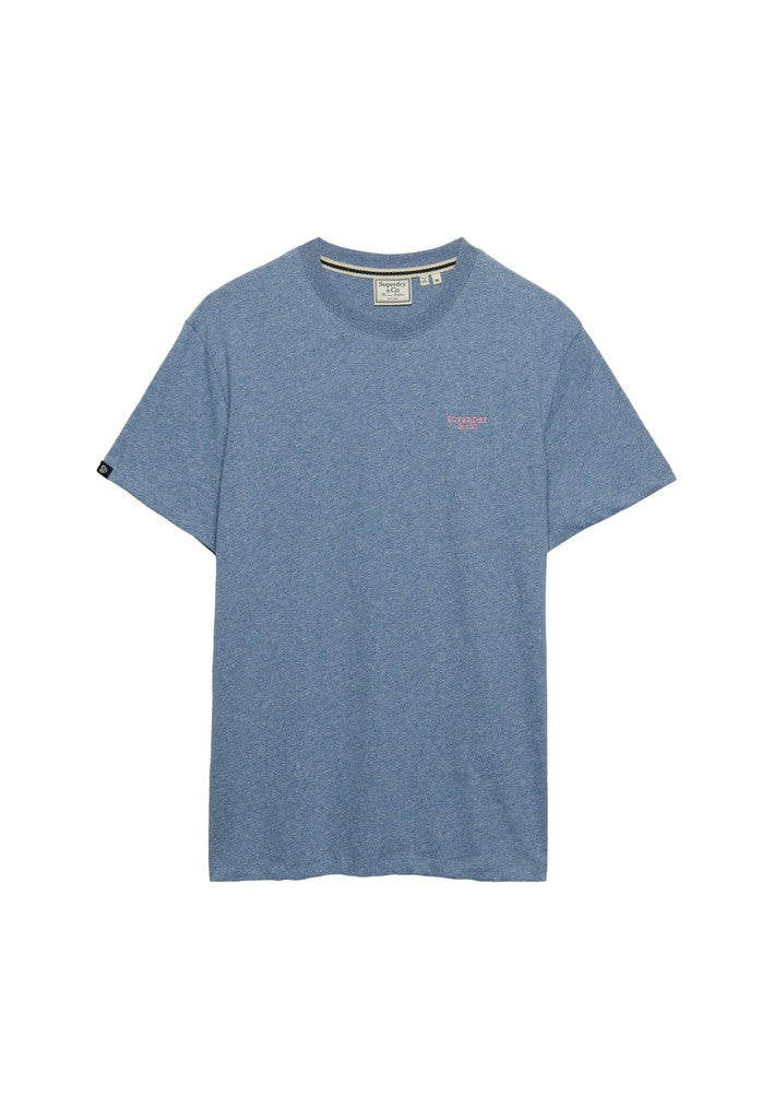 Superdry Essential Stacked Logo Embroidered Tee in Bay Blue Marl/Pink angled view