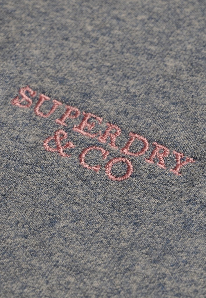 Superdry Essential Stacked Logo Embroidered Tee in Bay Blue Marl/Pink embroidered logo detail