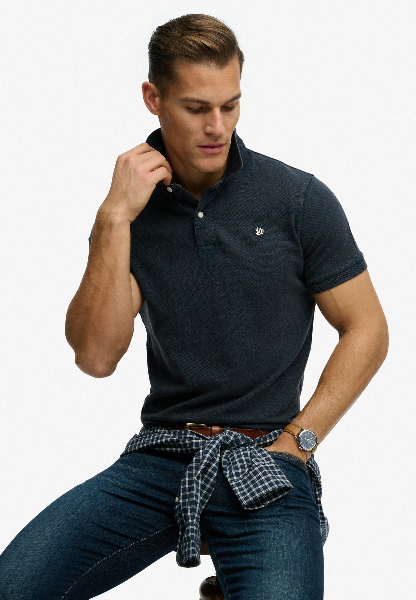 Superdry Vintage Destroy Polo in Eclipse Navy angled model view