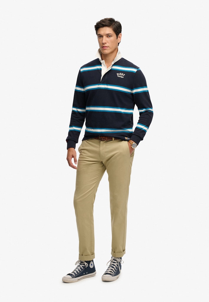 Superdry Vintage Athletic Stripe Rugby in Navy Stripe full length model view