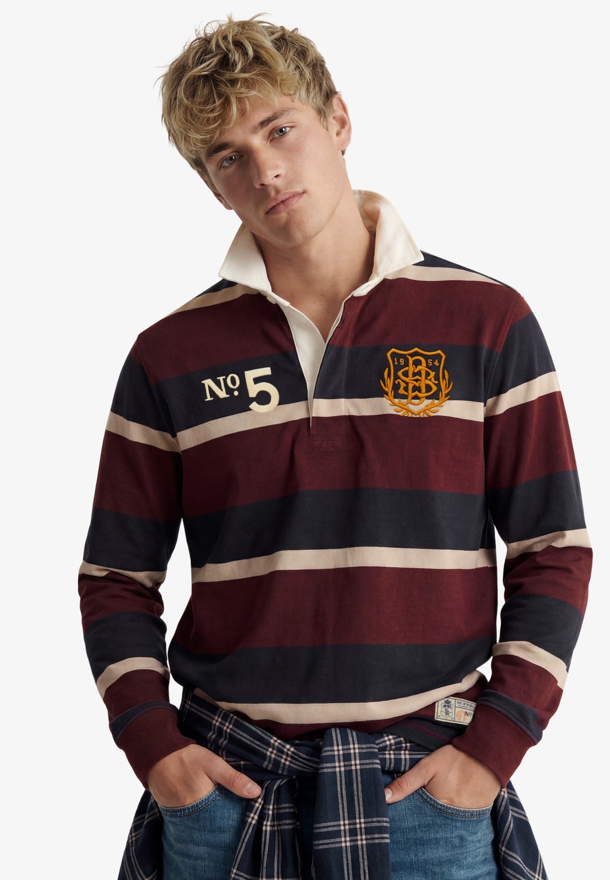 Superdry Double Emblem Stripe Rugby in Port/Navy Stripe upper body view