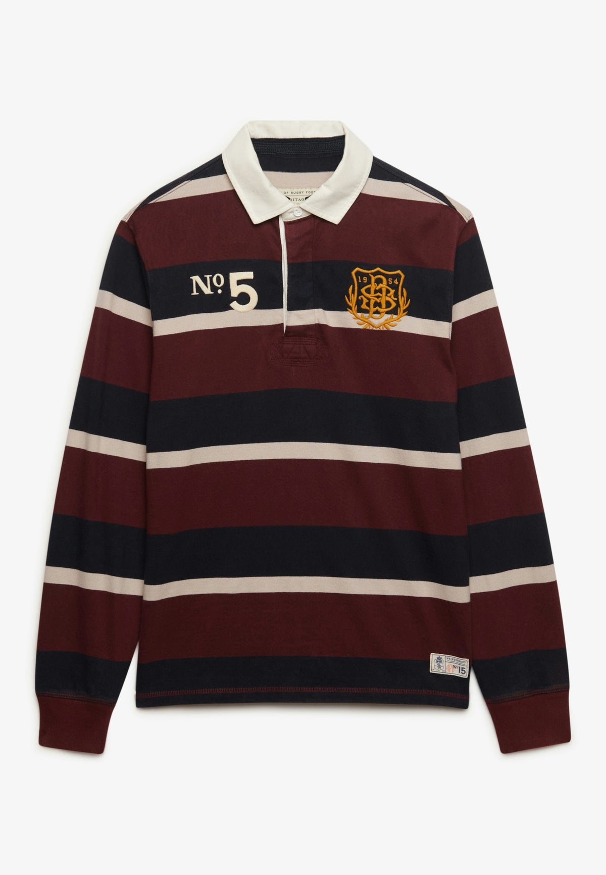 Superdry Double Emblem Stripe Rugby in Port/Navy Stripe front view