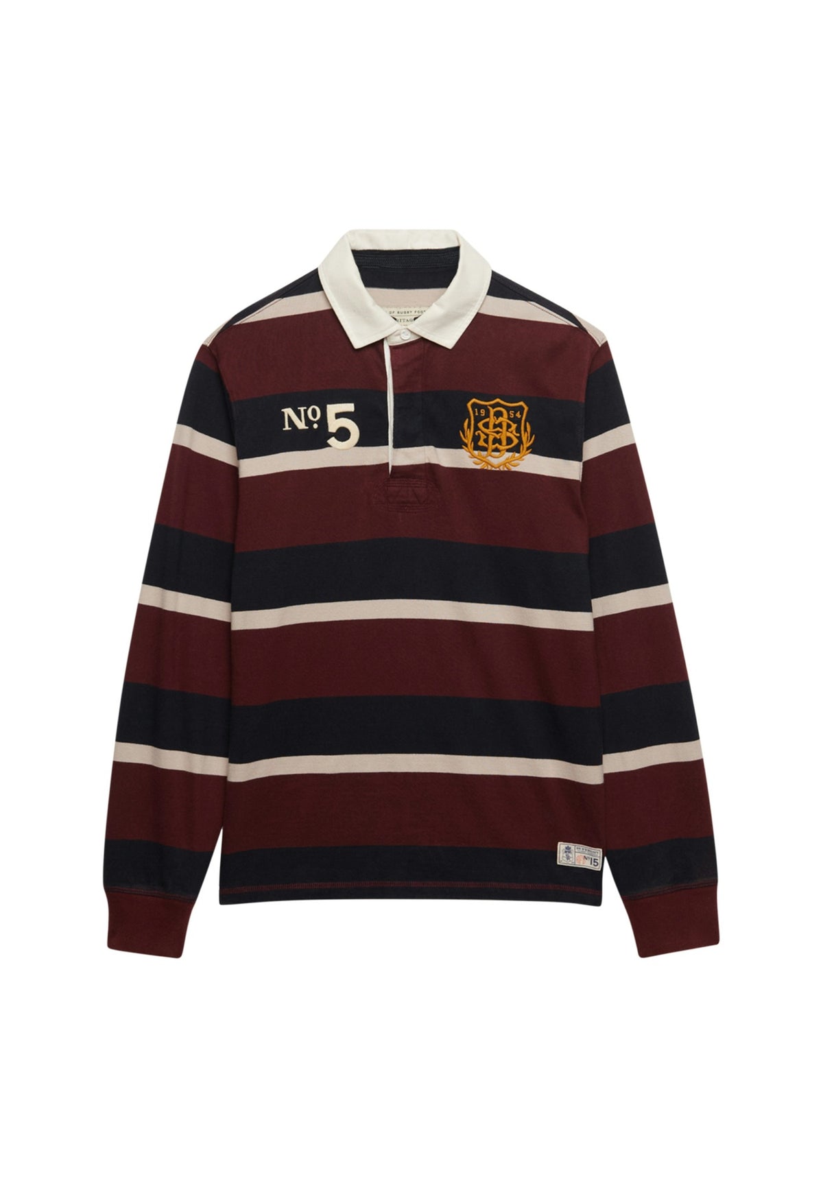 Superdry Double Emblem Stripe Rugby in Port/Navy Stripe angled view