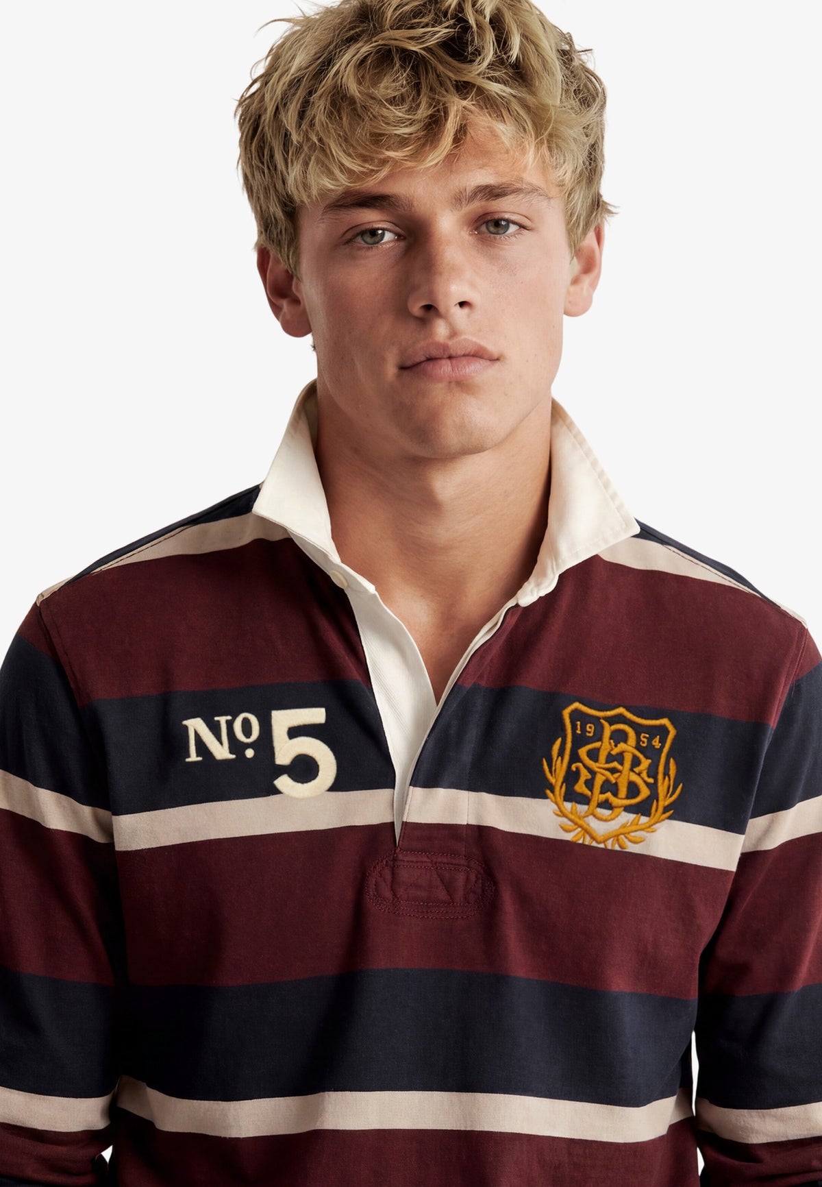 Superdry Double Emblem Stripe Rugby in Port/Navy Stripe on model