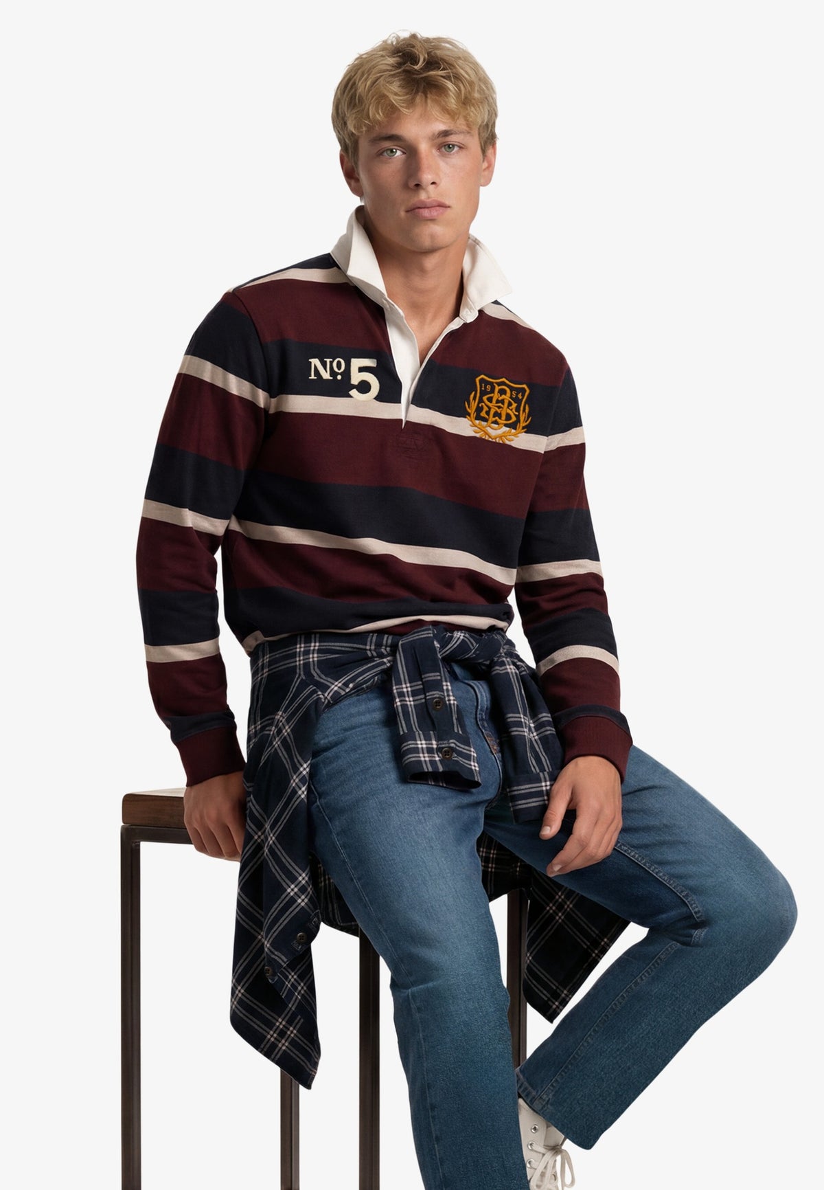Superdry Double Emblem Stripe Rugby in Port/Navy Stripe seated view