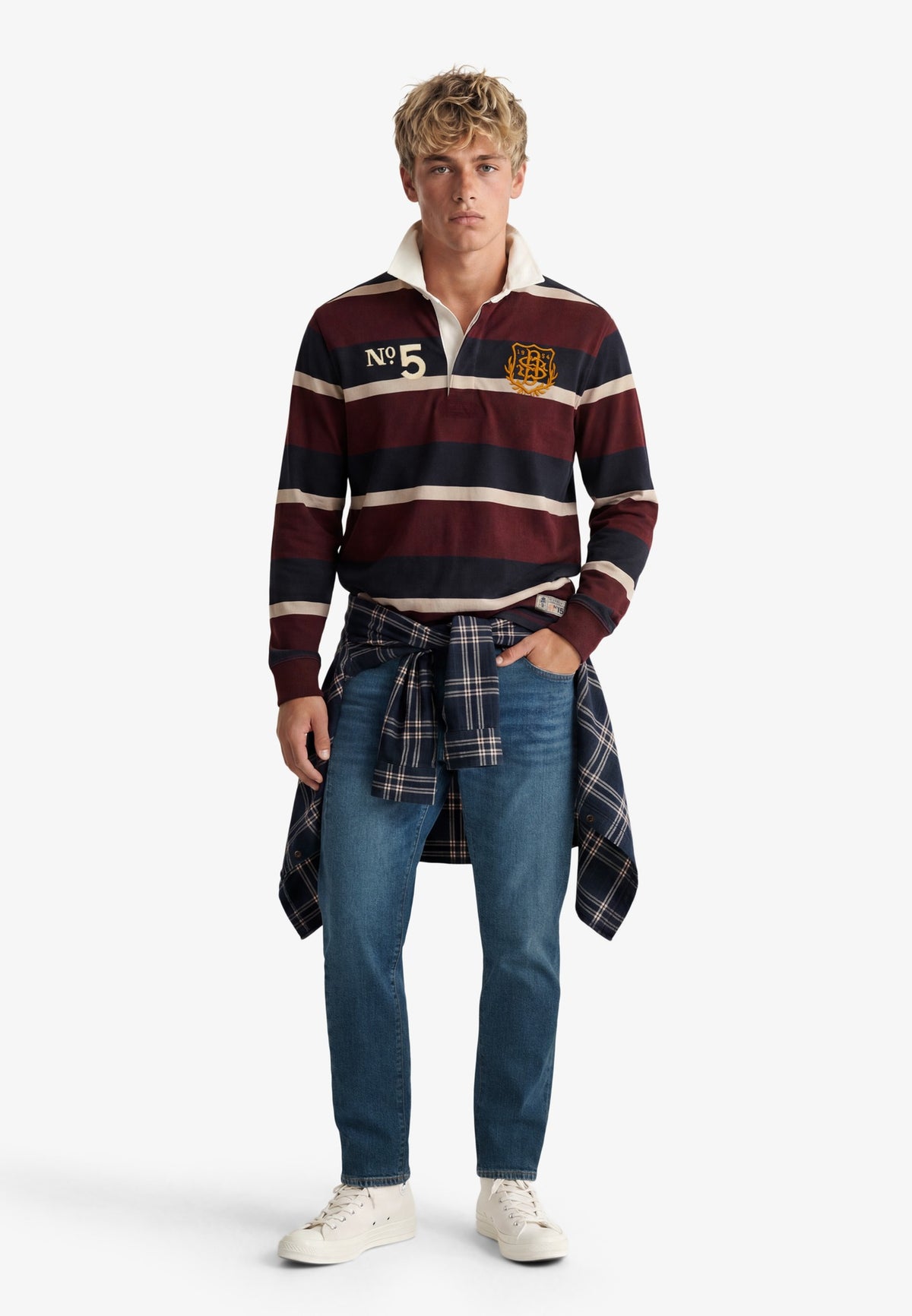 Superdry Double Emblem Stripe Rugby in Port/Navy Stripe full length view