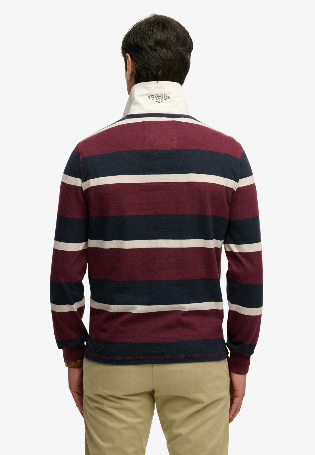 Superdry Double Emblem Stripe Rugby in Port/Navy Stripe back view on model