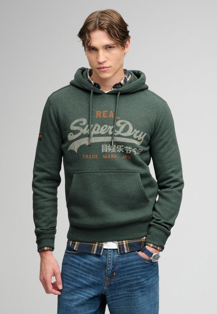 Superdry Vintage Logo Heritage Relaxed Hood in Denver Green Marl front model view