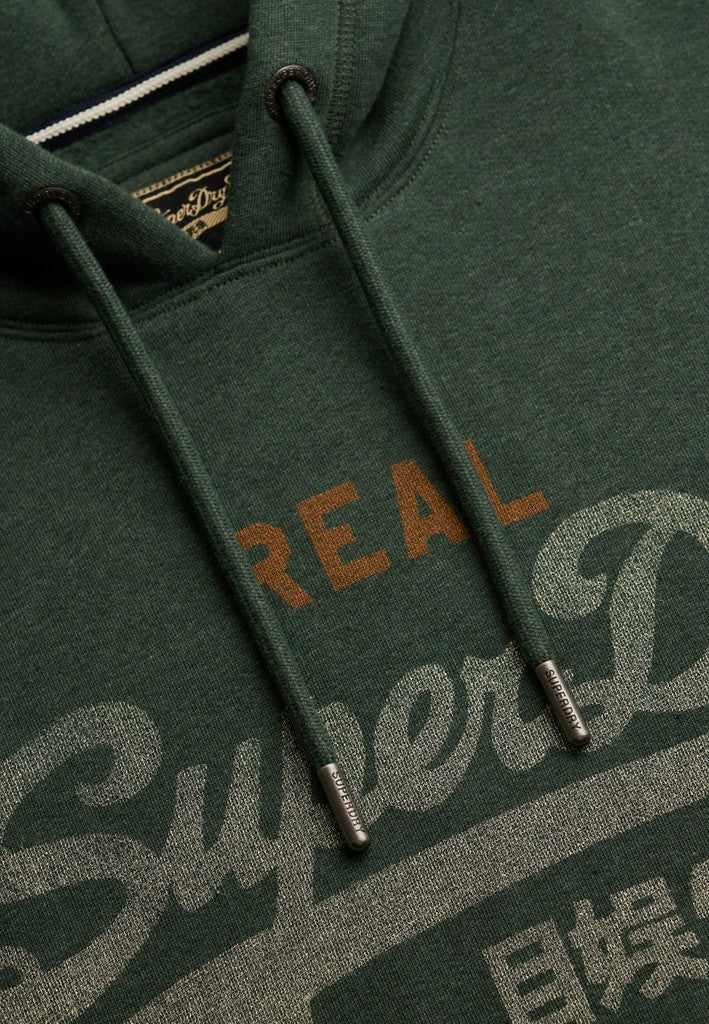 Superdry Vintage Logo Heritage Relaxed Hood in Denver Green Marl hood and logo detail