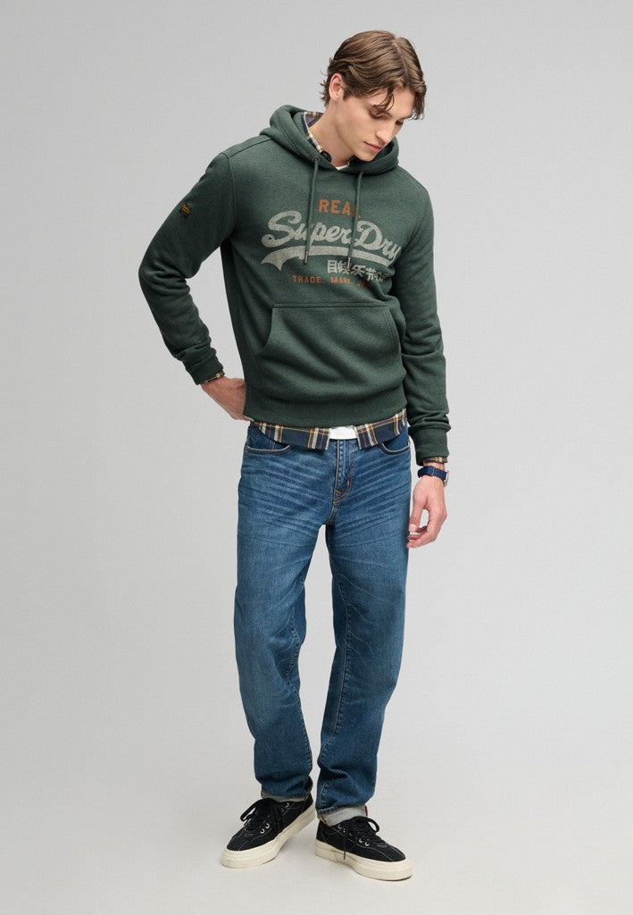 Superdry Vintage Logo Heritage Relaxed Hood in Denver Green Marl full length model view