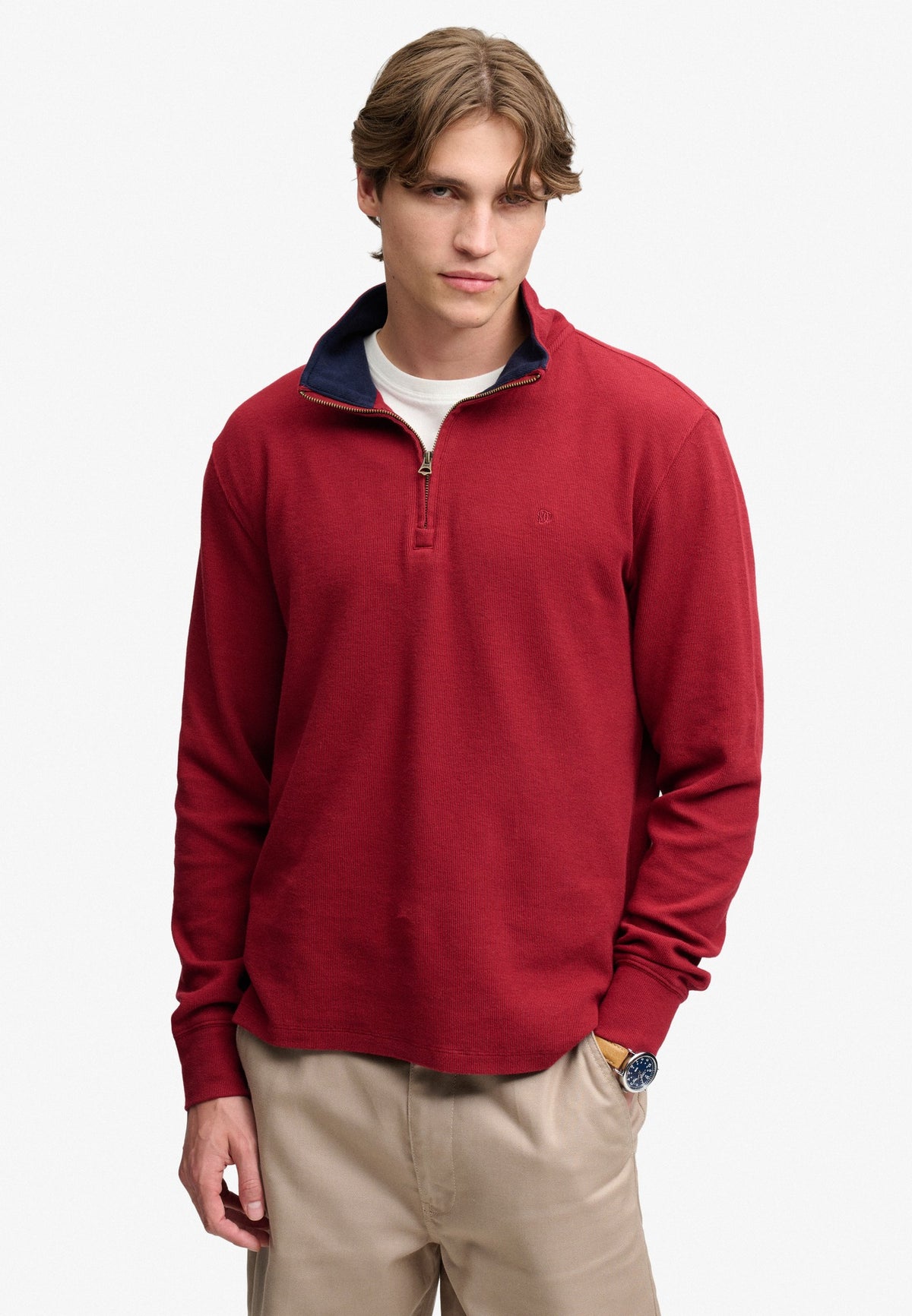 Superdry Garment Dye Rib Half Zip in Cherry Burgundy on model