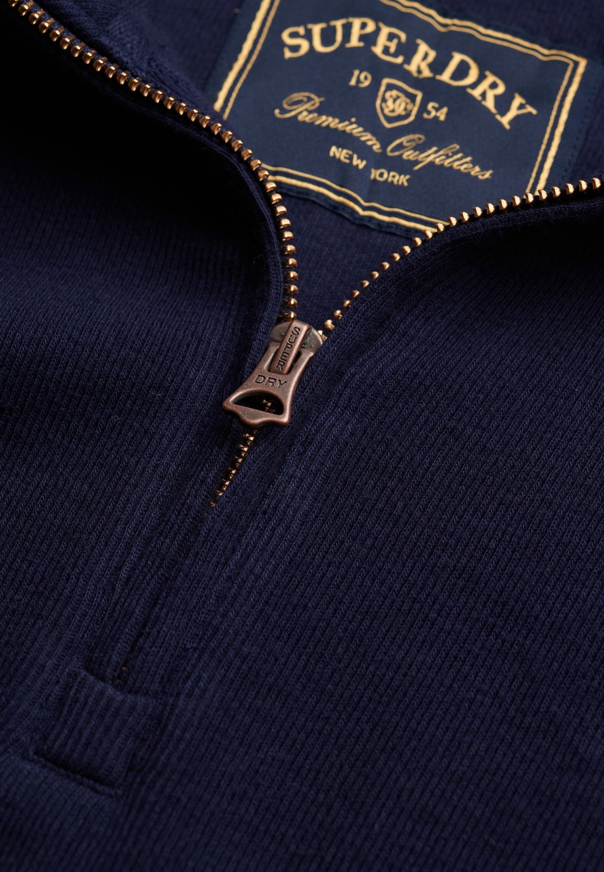 Superdry Garment Dye Rib Half Zip in Super Dark Navy zip and label detail