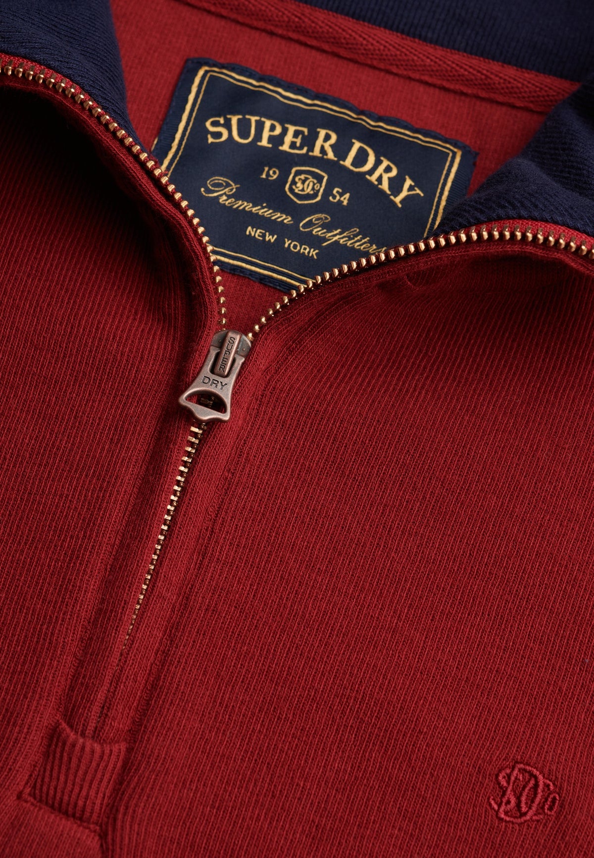 Superdry Garment Dye Rib Half Zip in Cherry Burgundy zip and ribbed texture detail