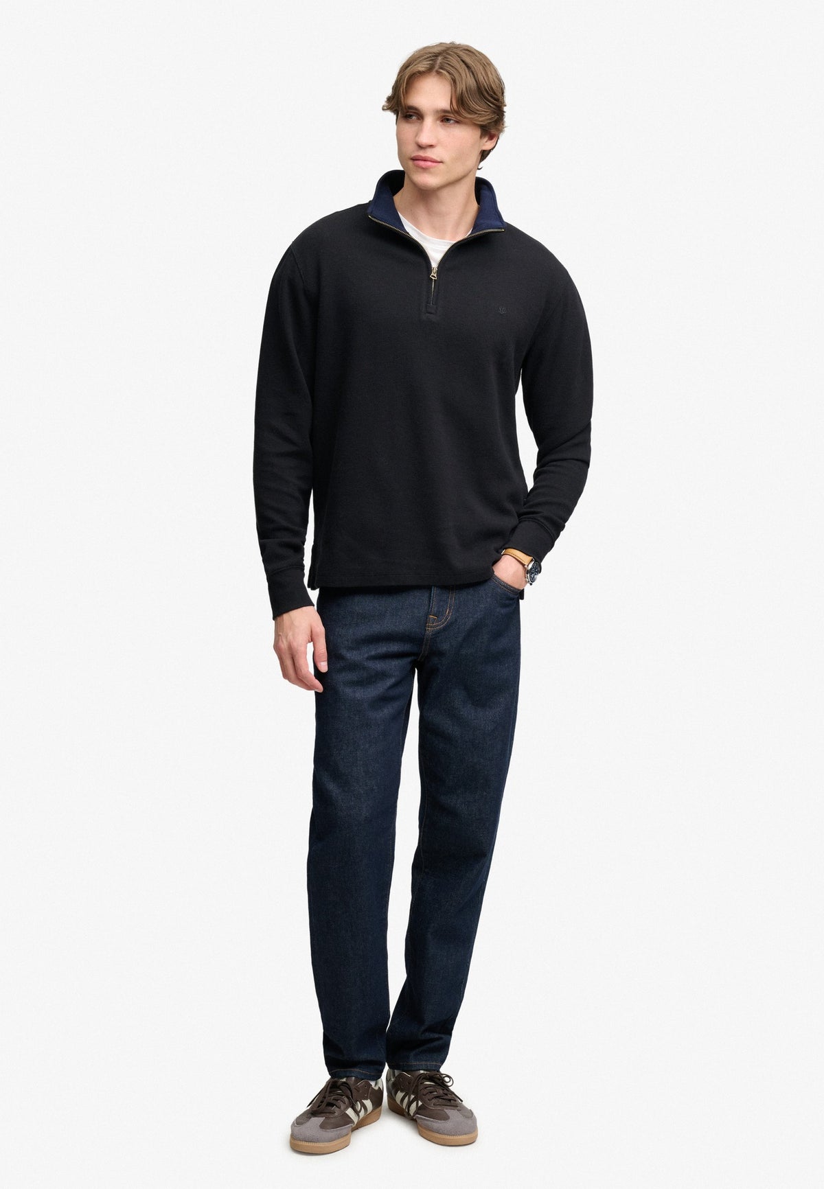 Superdry Garment Dye Rib Half Zip in Meteorite Black full length view