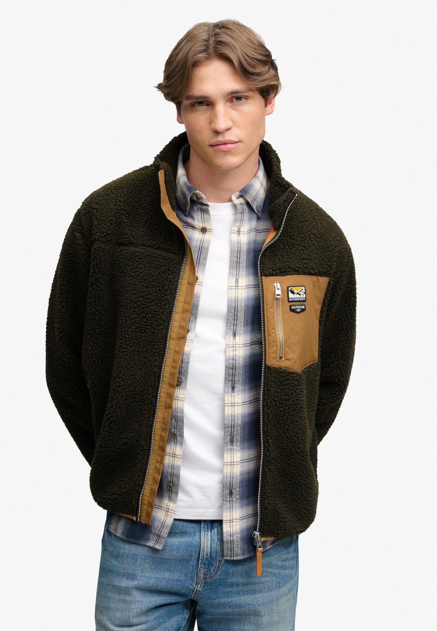 Superdry Mountain Full Zip Fleece in Surplus Goods Olive/Deep Brown front model view