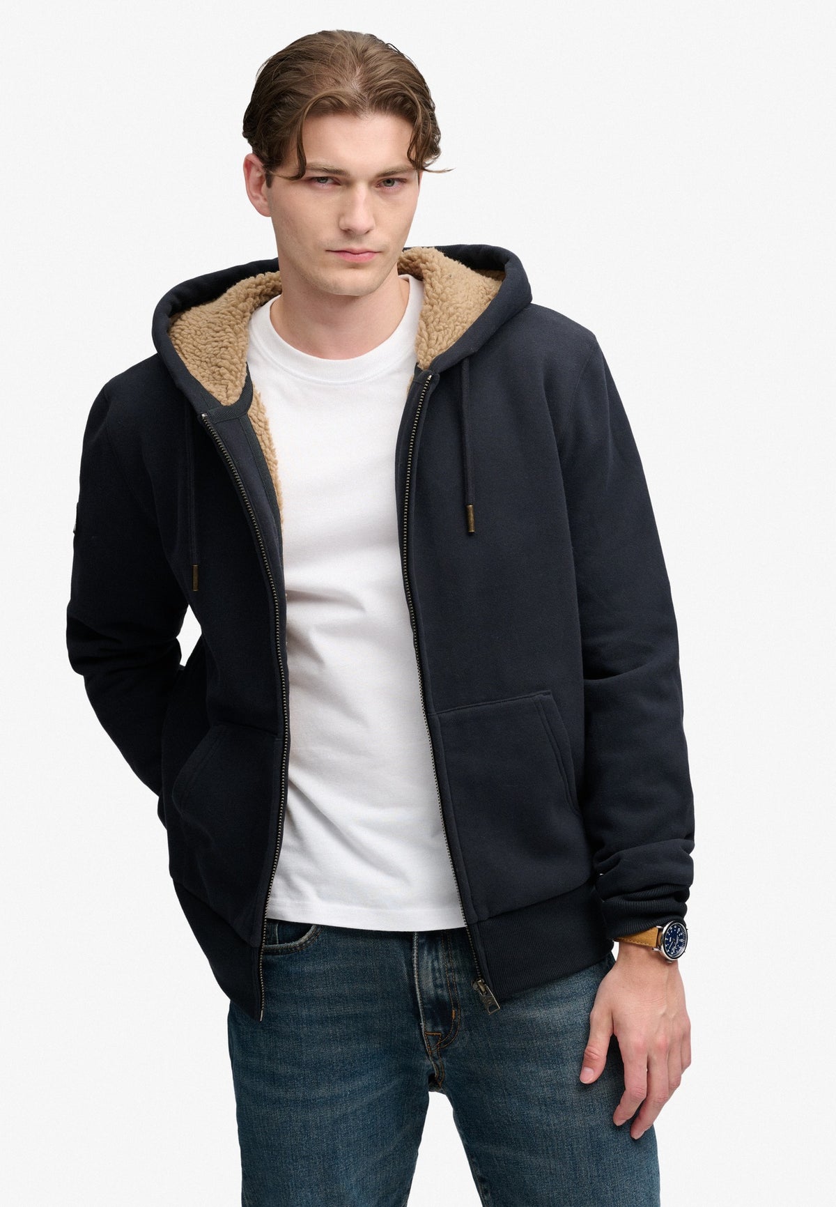 Superdry Borg Lined Ziphood in Eclipse Navy on model