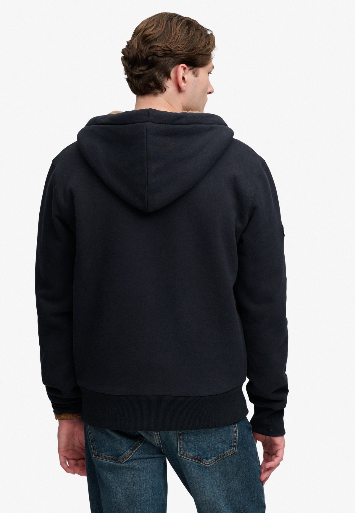 Superdry Borg Lined Ziphood in Eclipse Navy back view on model