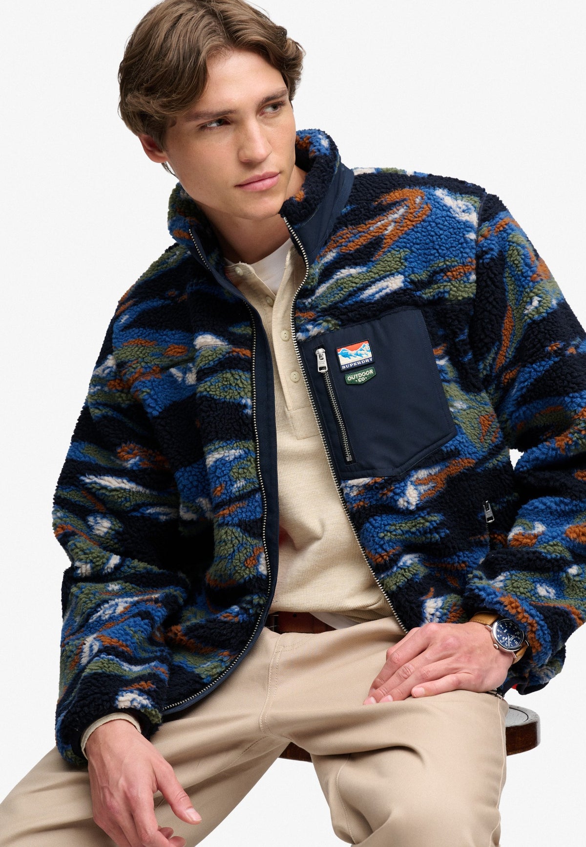 Superdry Terrain Fleece Zip Thru in Navy Terrain seated view