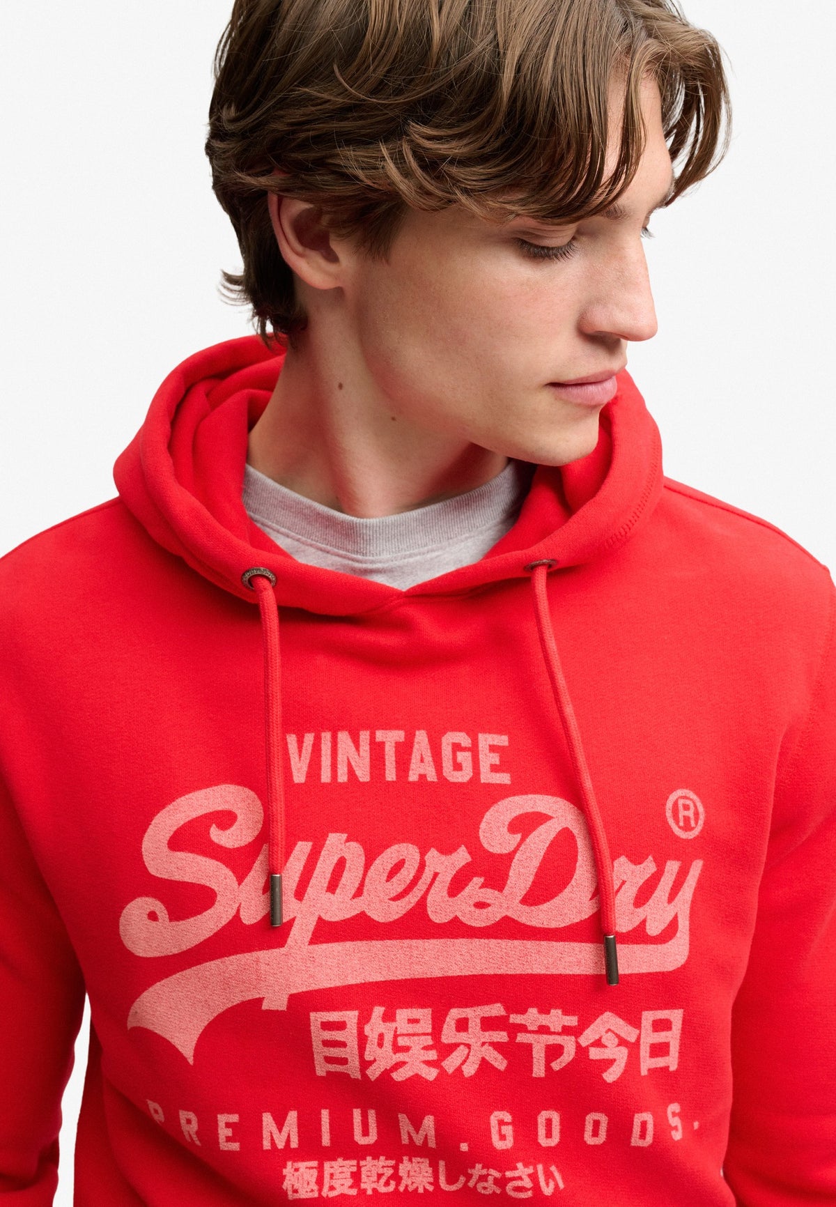 Superdry Vintage Logo Classic Hoodie in Indiana Red logo and hood detail
