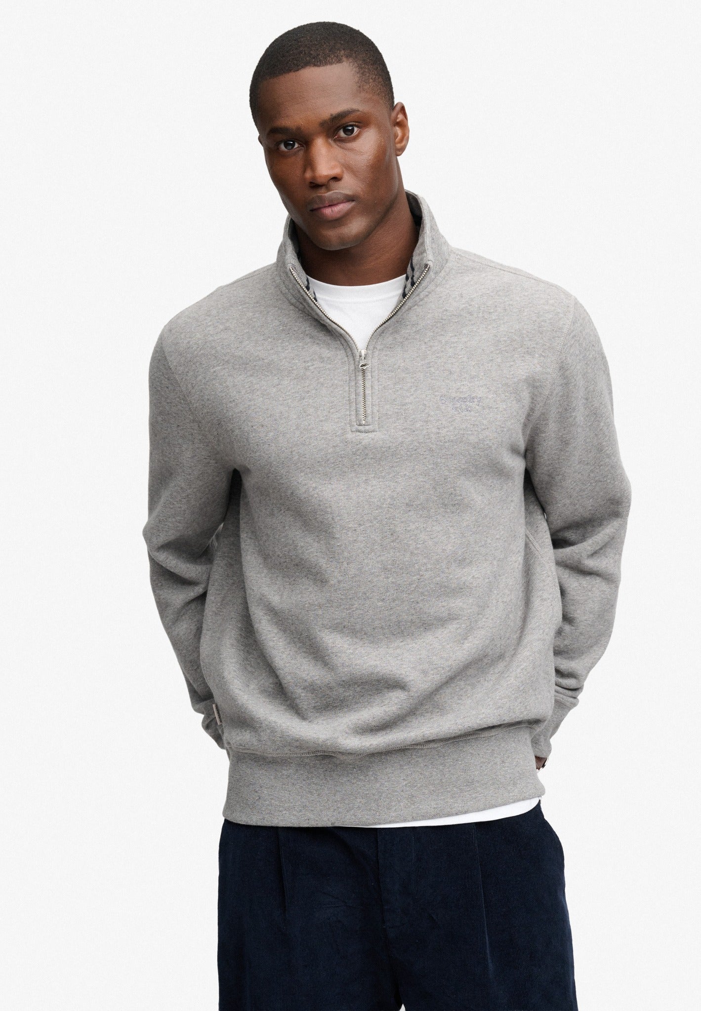 Superdry Essential Serif Logo Half Zip in Dark Vintage Grey Marl on model