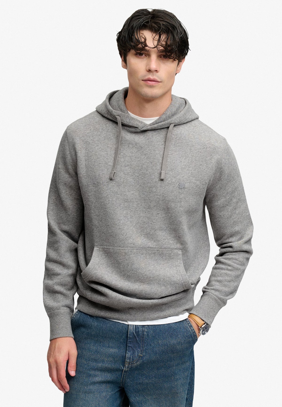 Superdry Essential Sdco Logo Hoodie in Dark Vintage Grey Marl on model front view