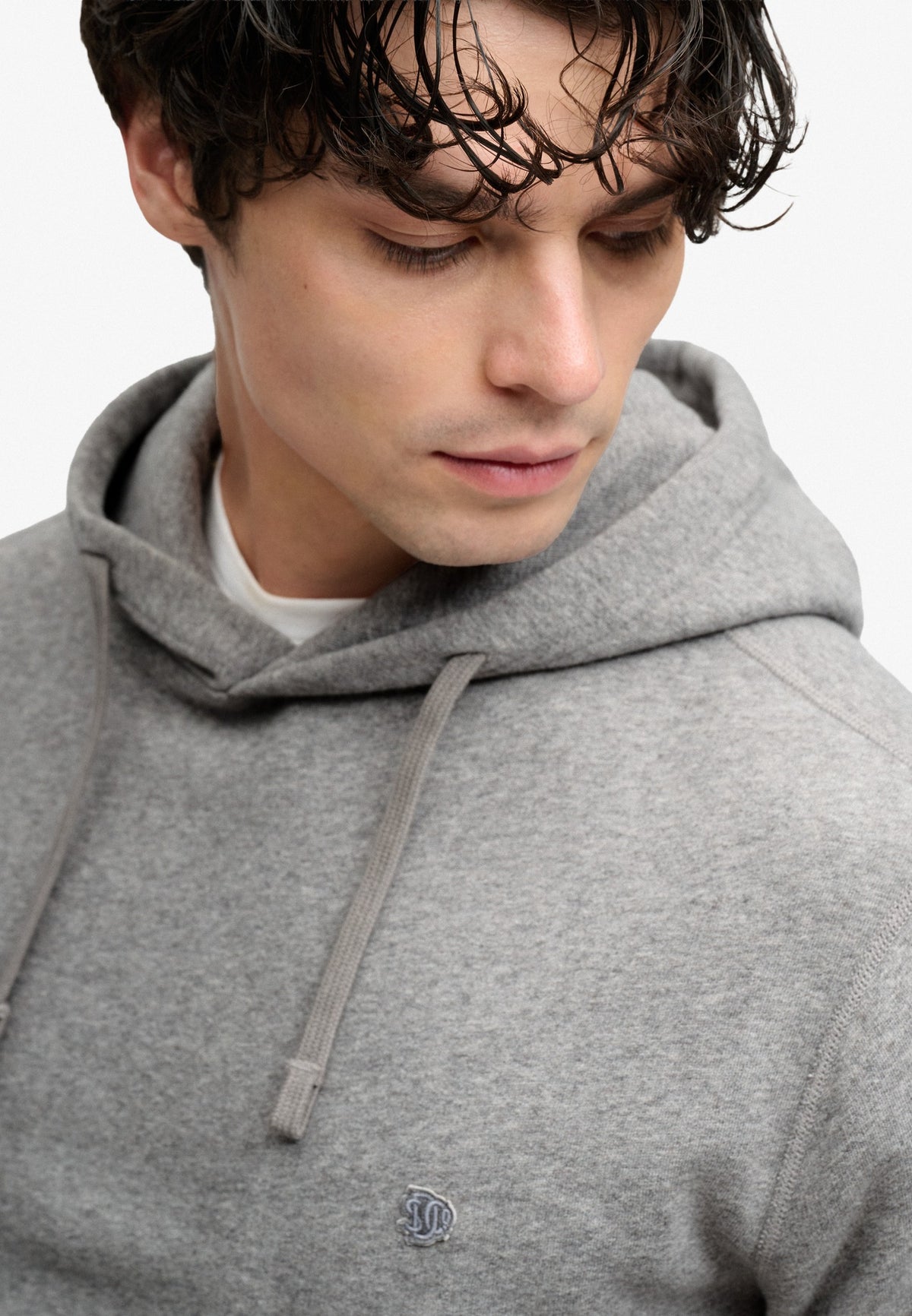 Superdry Essential Sdco Logo Hoodie in Dark Vintage Grey Marl upper body model view