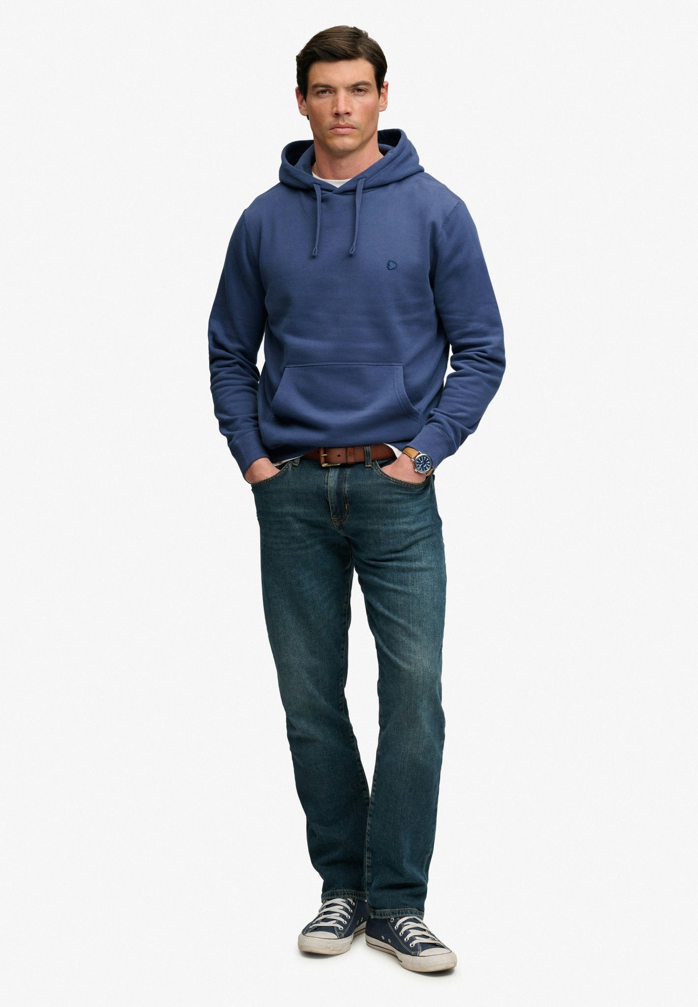 Superdry Essential Sdco Logo Hood in Hampton Blue full length model view
