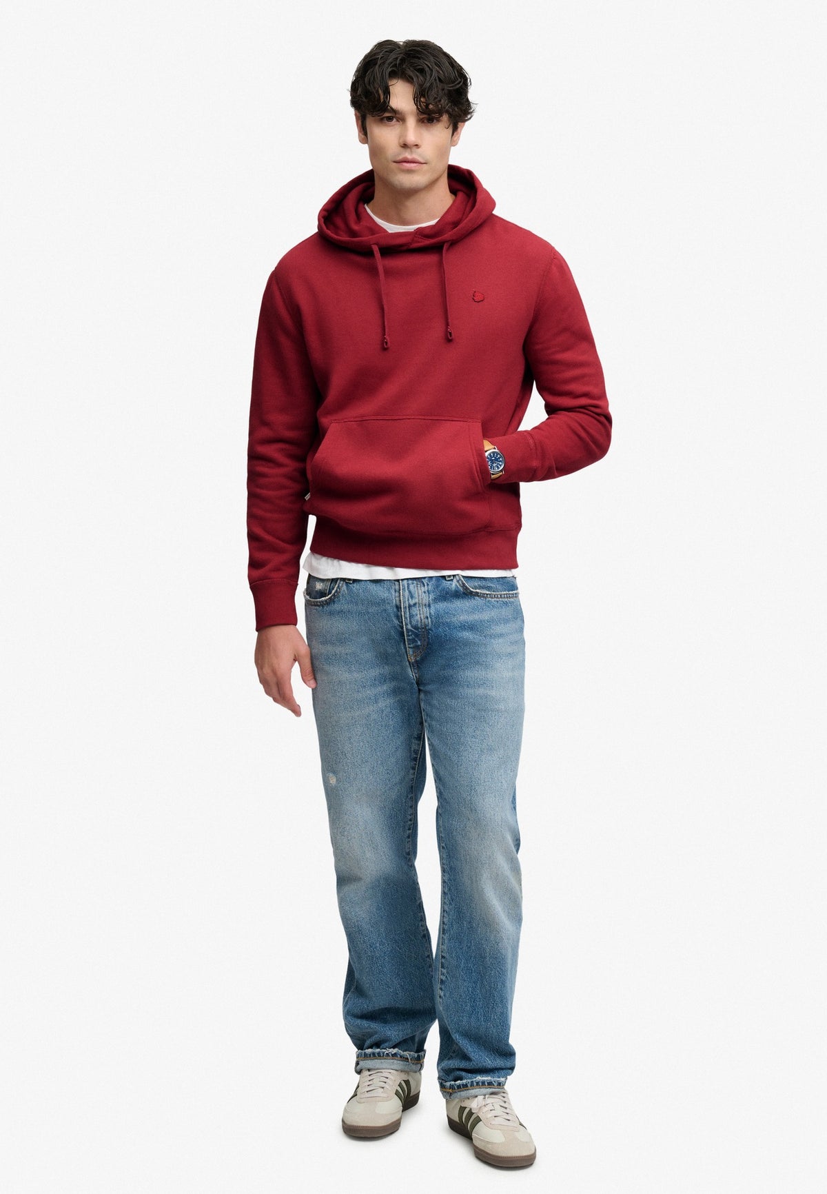 Superdry Essential Sdco Logo Hoodie in League Red full length model view