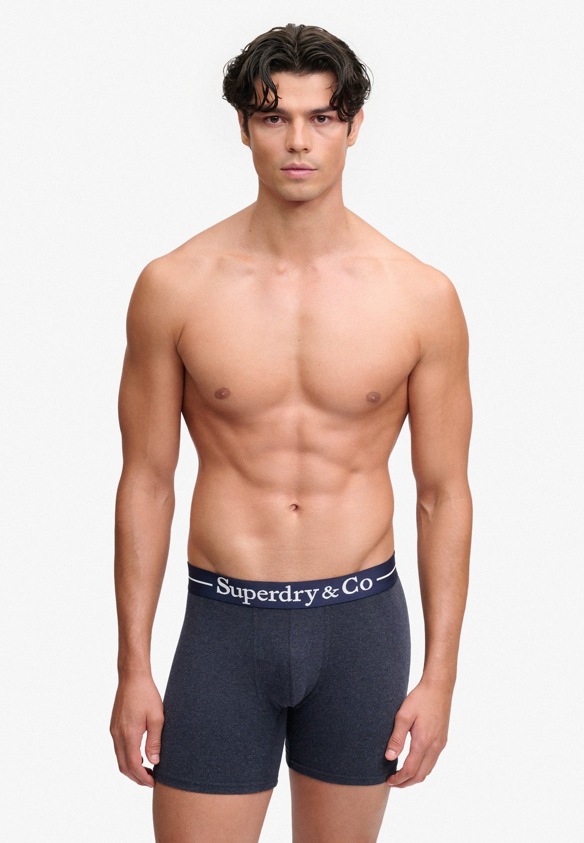 Superdry & Co Boxer Triple Pack in Navy Marl/Indigo Marl/Bluegrit on model front view
