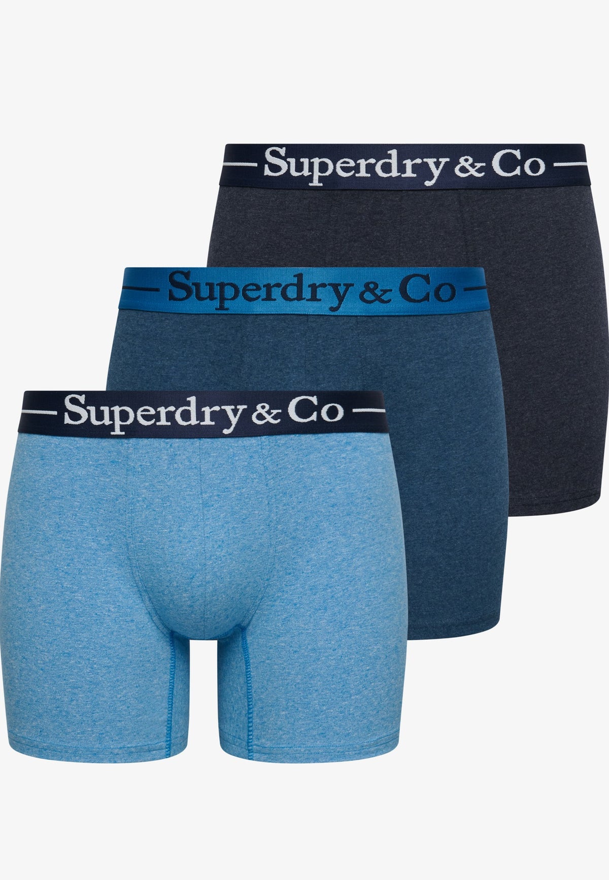 Superdry & Co Boxer Triple Pack in Navy Marl/Indigo Marl/Bluegrit front product view