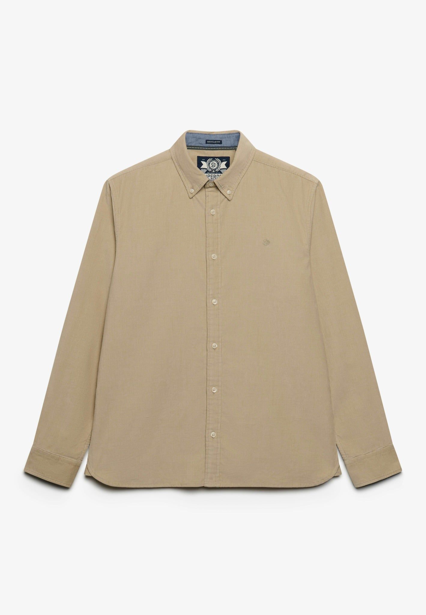 Superdry Classic Needle Cord Shirt in Stone Wash Taupe Brown front view