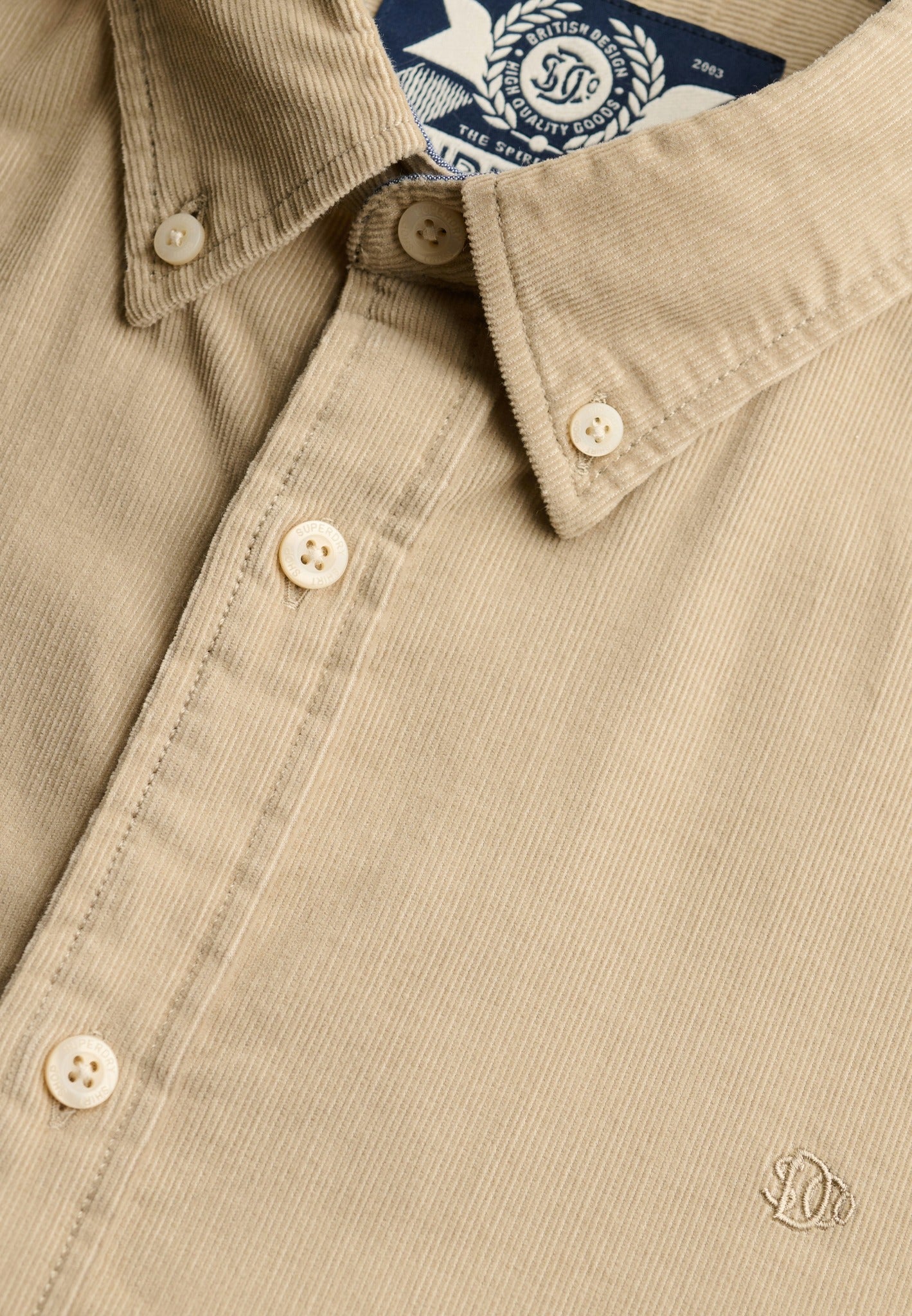 Superdry Classic Needle Cord Shirt in Stone Wash Taupe Brown corduroy collar and button placket detail