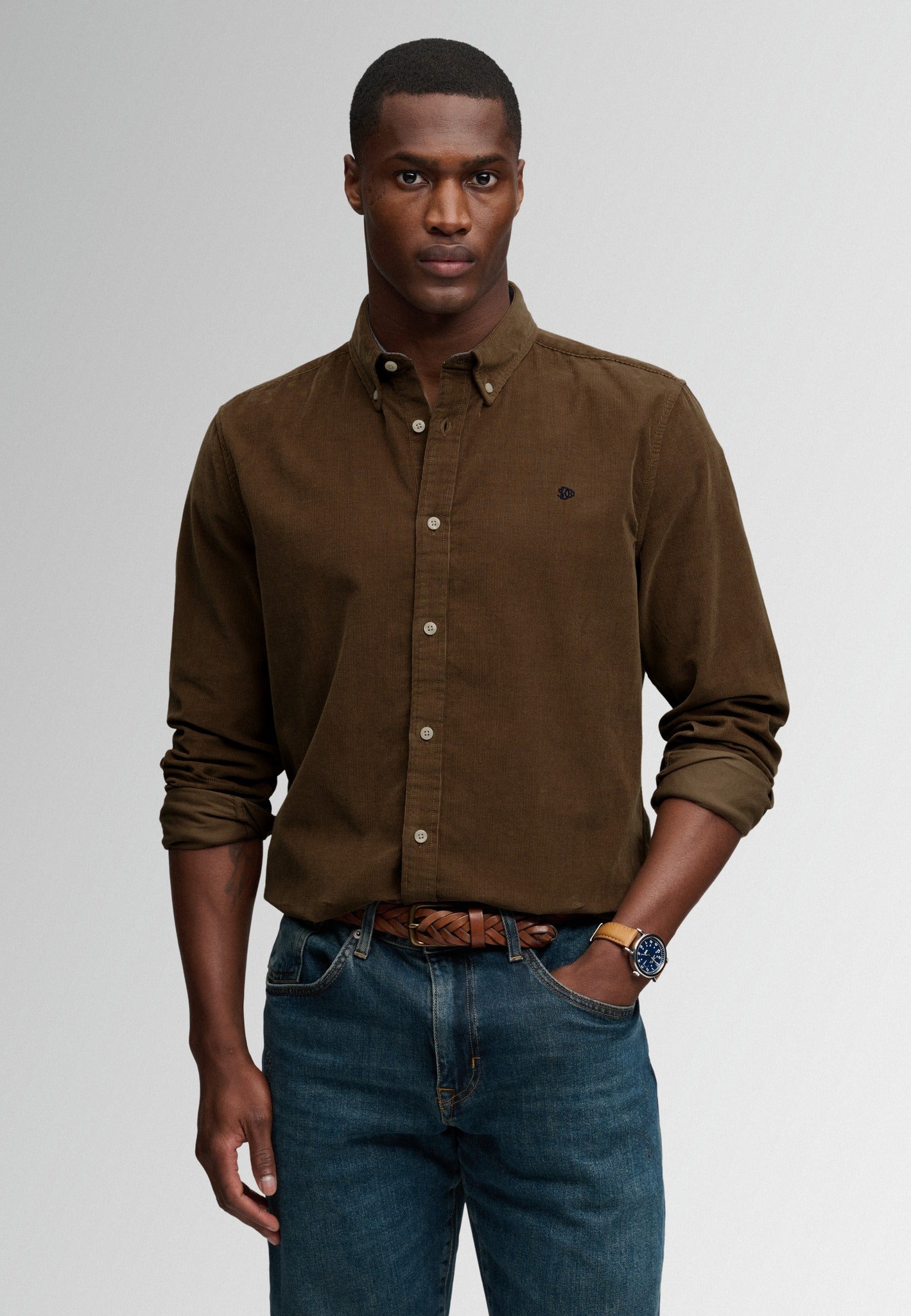 Superdry Classic Needle Cord Shirt in Winter Twig Beige upper body view